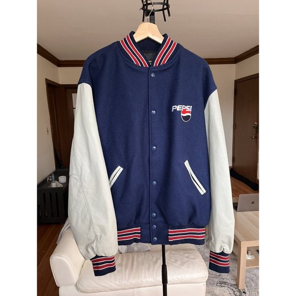 VINTAGE 1990s PEPSI LOGO BLUE RED BOMBER VARSITY LEATHER STARTER JACKET SIZE XL - Picture 2 of 7